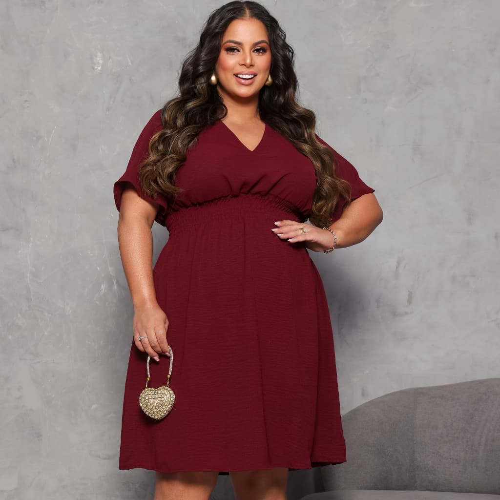 Vestido Plus Size Soltinho Gola V Manga Curta Lastex Elegante Feminino
