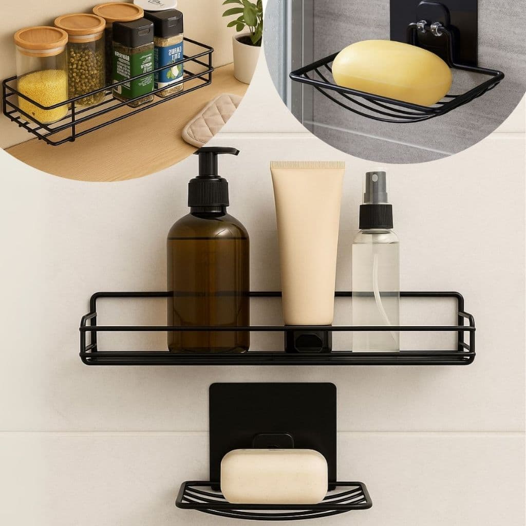 Suporte para Banheiro + Saboneteira Preta Inox Moderno Organizador Parede Lavanderia Adesivo