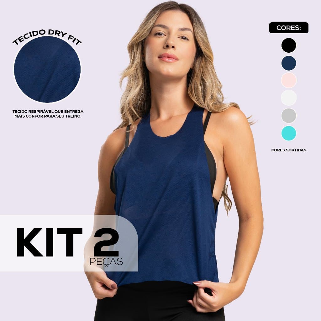 Kit 2 Regatas Cavada Camiseta Feminina Longline Treino Academia Fitness Nadador Treino Musculação