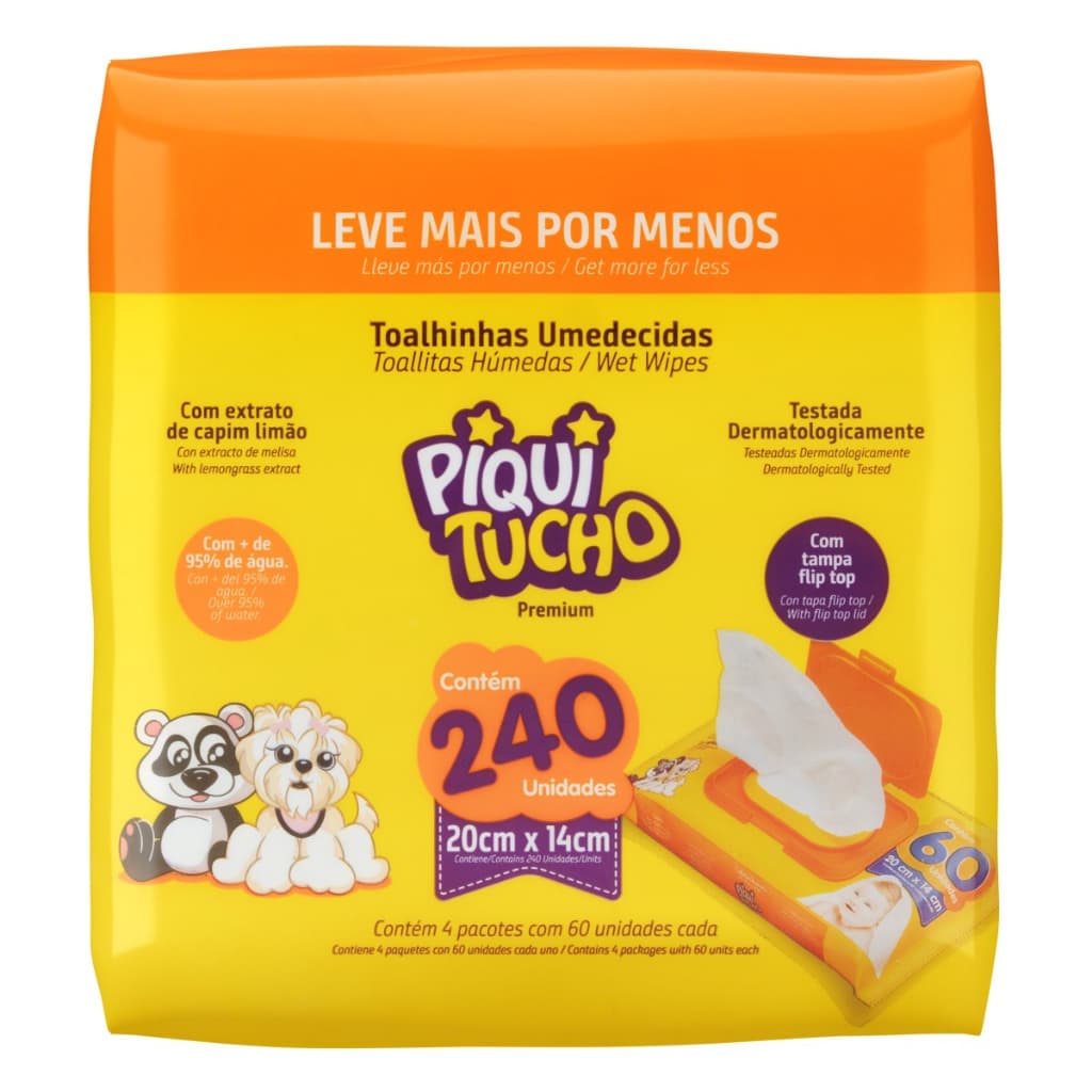 Toalhas Umedecidas Piquitucho Premium 240un Capim-Limão Tampa Flip Top Sem Álcool Bebês e Adultos