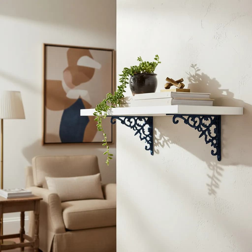 Prateleira MDF Branca 80x25cm Decoração Colonial Suporte Metal Preto Parede Sala Escritório Cozinha
