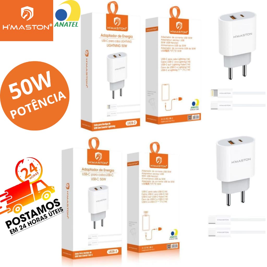 Carregador Fonte e cabo Carga Rápida 50w Original H"Maston USB + USB-C | iPhone LR28-2/LR28-3