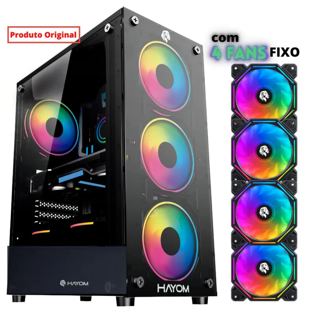 Gabinete Gamer Hayom Vidro Temperado 1749 C/ 4 Fans Rgb Cor Preto