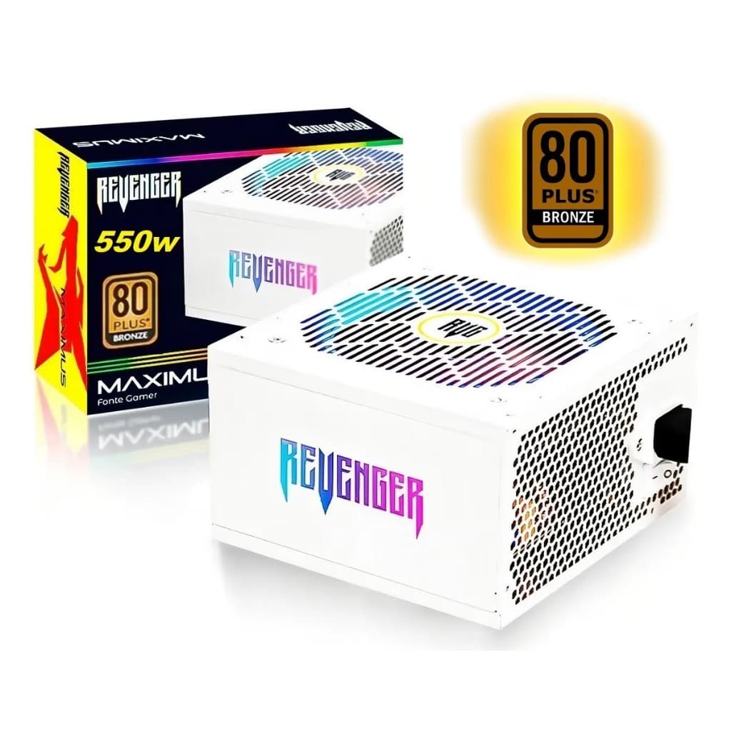 Fonte Gamer Revenger 550w 80 PLUS RGB BIVOLT AUTOMÁTICO Pci-e 8 Pinos 6+2 Pl Branca silenciosa