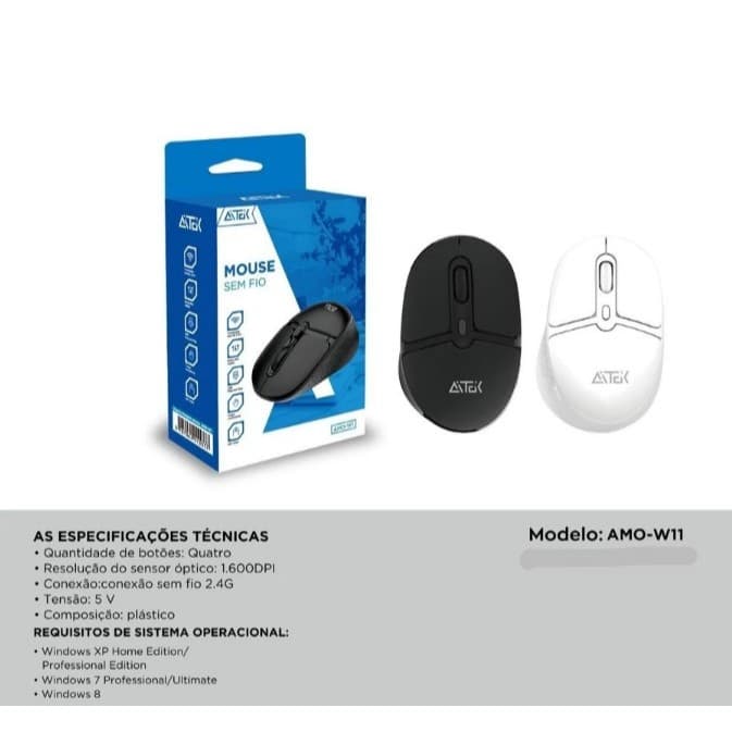 Mouse Wireless AITEK AMO-W1 · 2.4G Sem Fio · 1600 DPI · USB Portátil Ergonômico