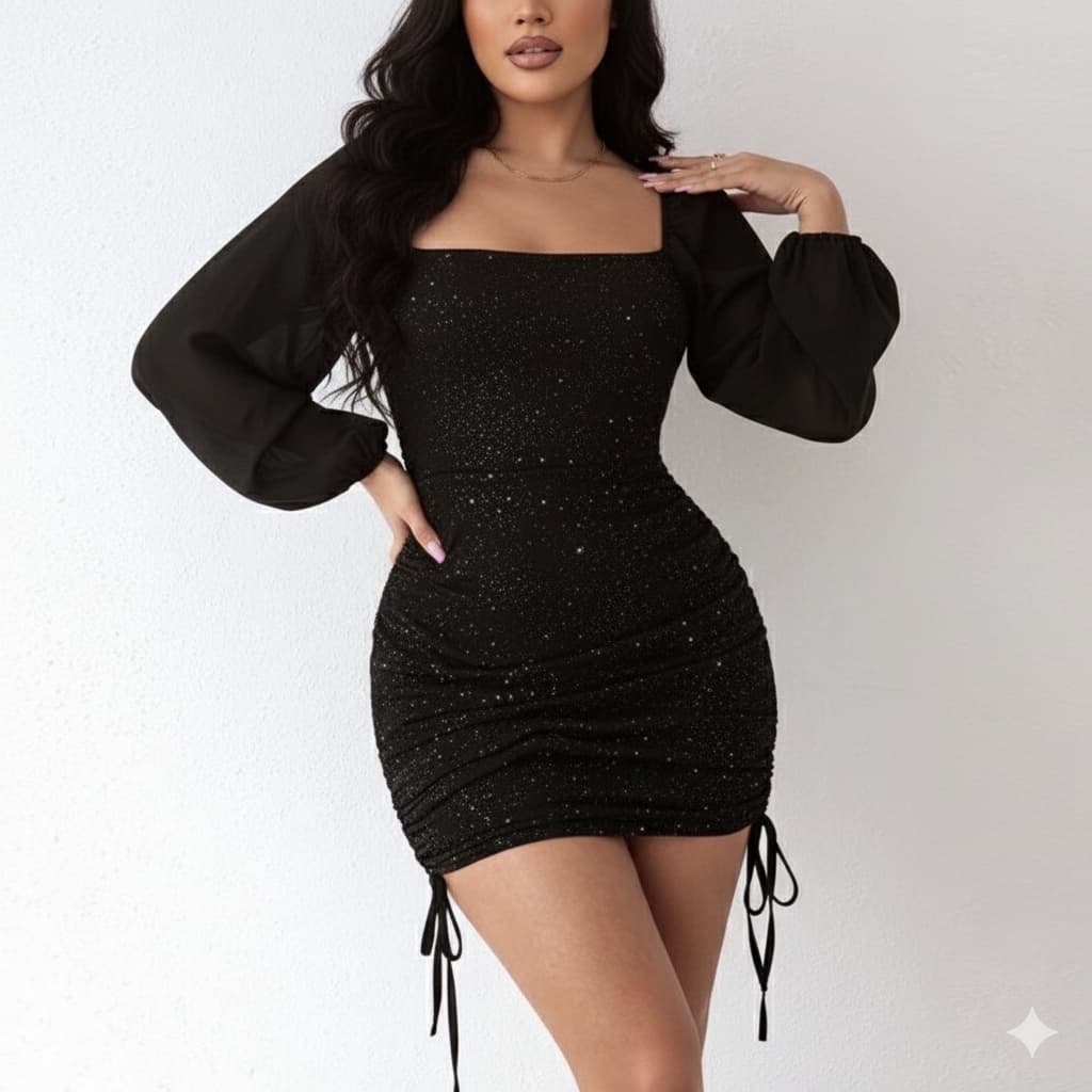 Vestido Colado Gringo de Brilho - Vestido Curto com Manga de Tule e Lurex para Balada e Festas