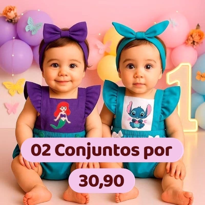Kit Com 02 Jardineira Romper Bebê Menina Body Temático Festa Mesversário Veste de 1 a 5 Meses