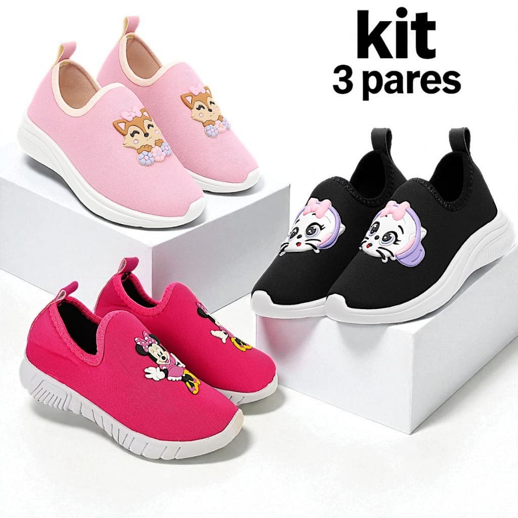 Kit 3 Pares Tênis Infantil Menina Personagens Confortável Calce Fácil Leve Escola Casual
