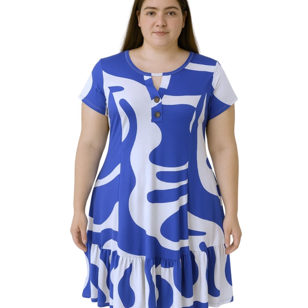Vestido Azul com Branco   Mídi Feminino  com Babado  Romantic Estampa Variavel  Plus Size com Mangas  – Tamanhos M ao G3