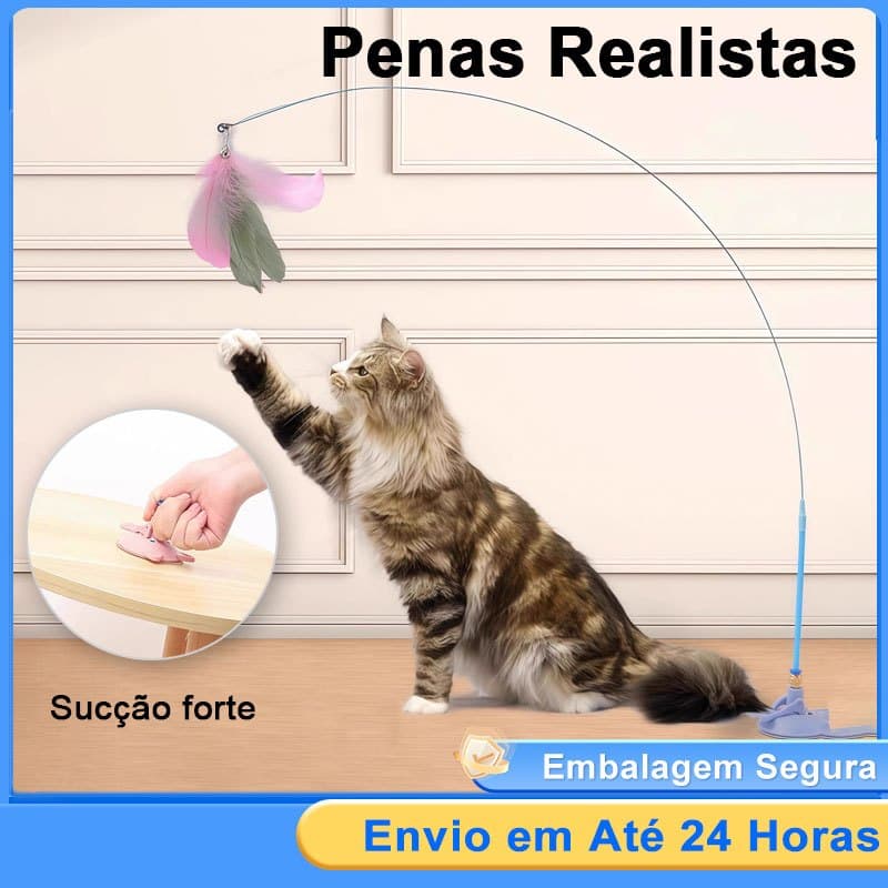 Brinquedo Interativo Varinha Pena Com Ventosa Que Fixa No Chão Para Gatos Adultos e Filhotes