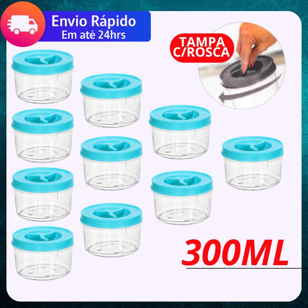 Jogo 10 Potes Redondo 300ml Tampa com Rosca BPA FREE Potinho Transparente Tempero Doce Papinha Bebê