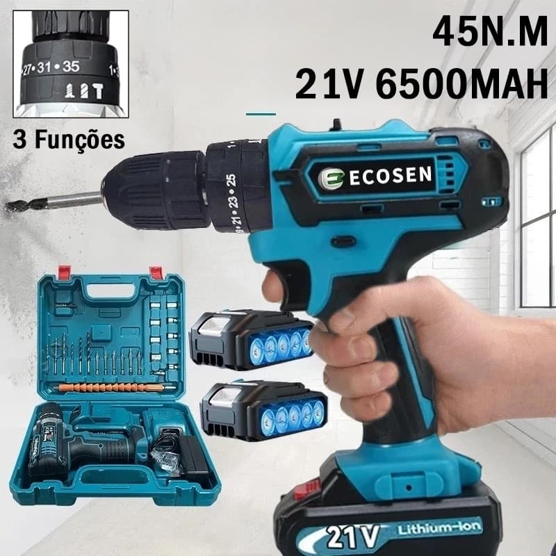 Furadeira Parafusadeira 3/8" bateria 21V ou 12V com maleta e acessórios/ECOSEN Furadeira elétrica premium