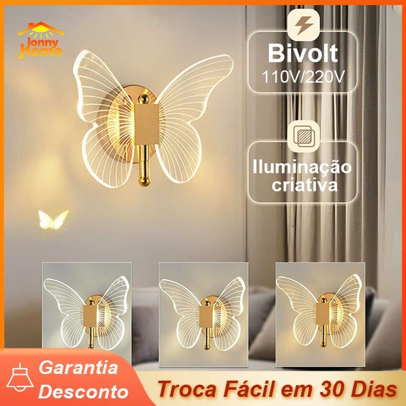 Luminária Arandela Borboleta Dourada LED de Parede 3 Tons de Luz iluminação interna Bivolt