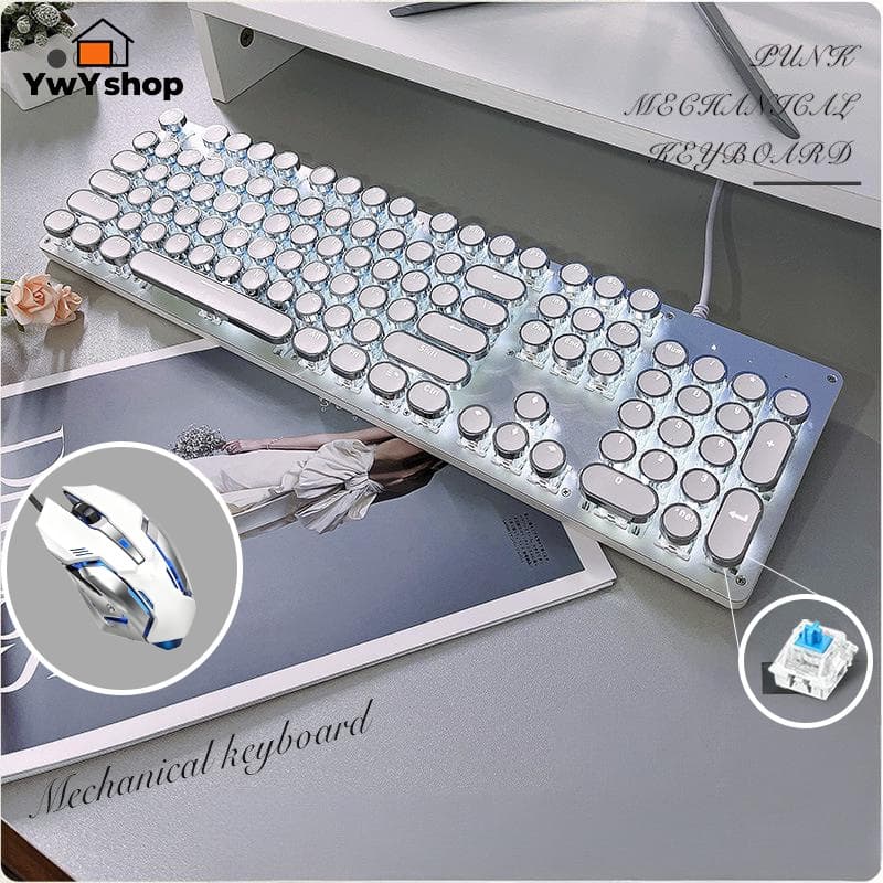 Teclado Mecânico Retro RGB com Mouse Gamer – Punk Style, Iluminação Colorida e Design Fofo H7