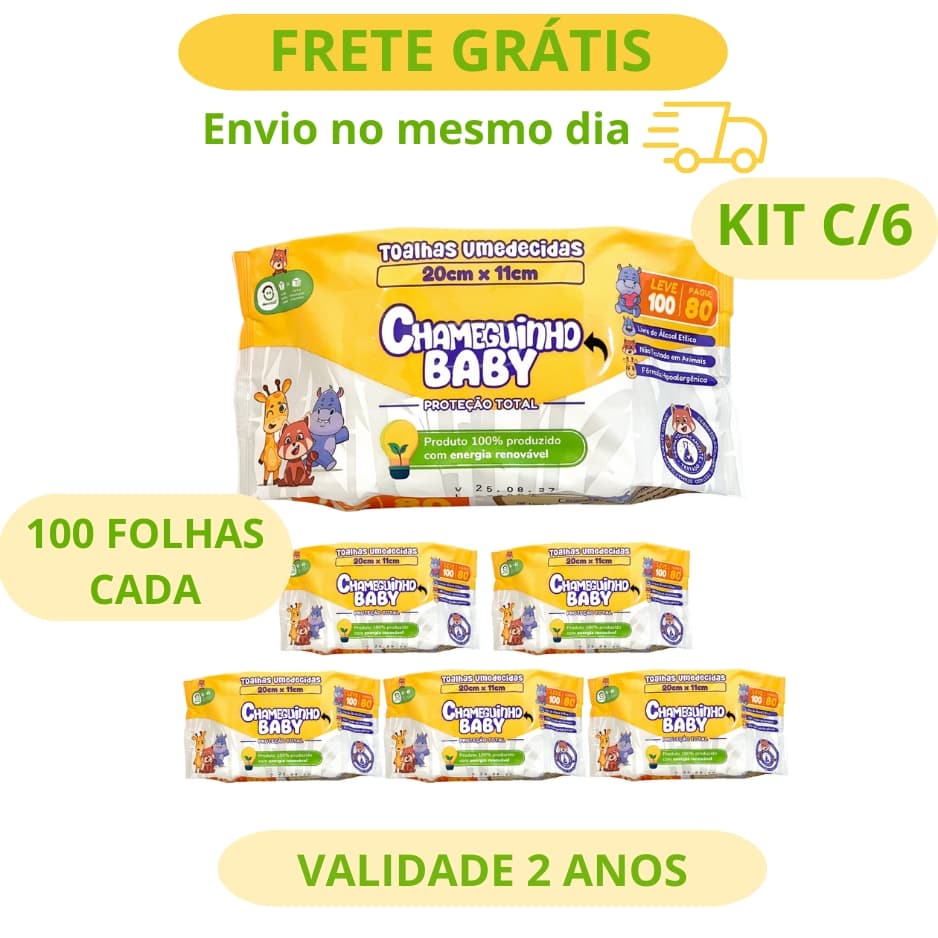 KIT 6 LENÇOS UMEDECIDOS CHAMEGUINHO BABY 100 FOLHAS LANÇAMENTO