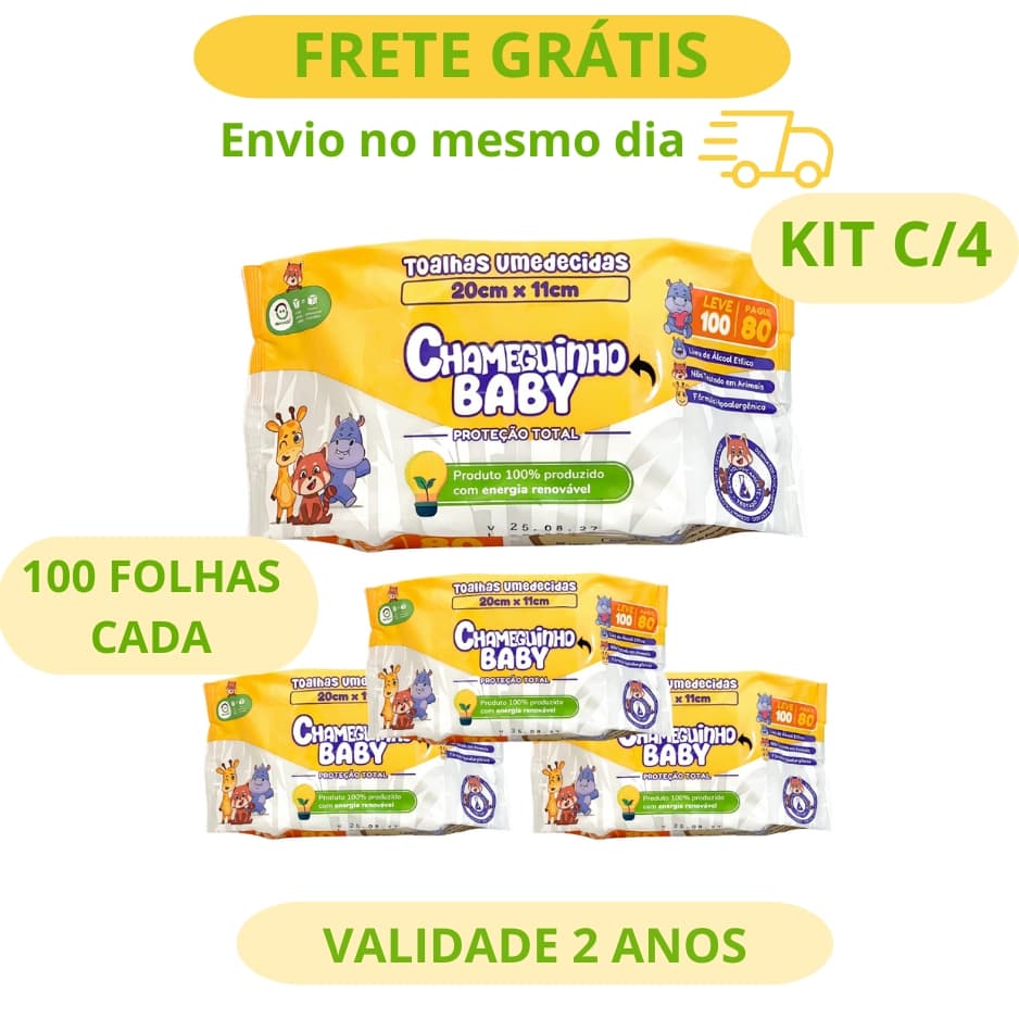 KIT 4 LENÇOS UMEDECIDOS CHAMEGUINHO BABY LANÇAMENTO 100 FOLHAS CADA