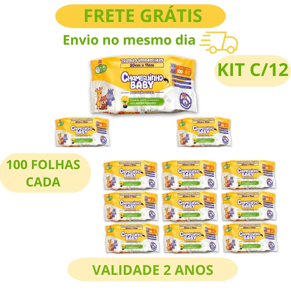 KIT 12 LENÇOS UMEDECIDOS CHAMEGUINHO BABY LANÇAMENTO 100 FOLHAS