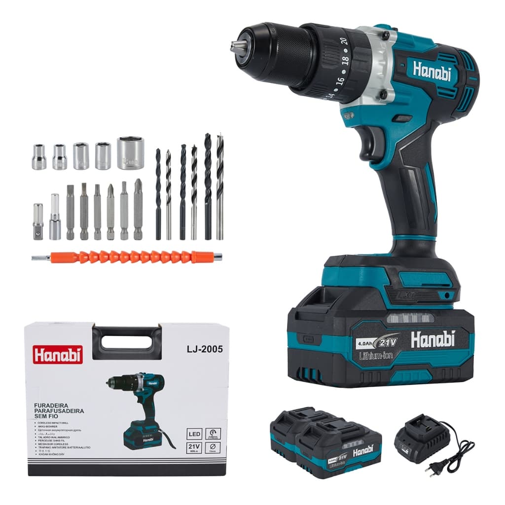 Parafusadeira Furadeira Brushless 21V Sem Fio + 2 Baterias Profissional 80Nm com Maleta Hanabi