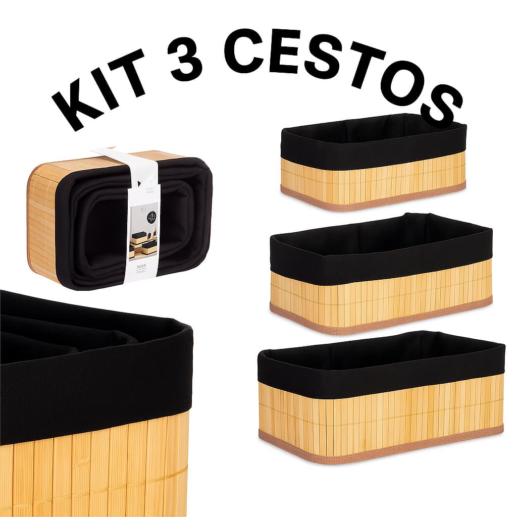 Kit 3 Cestos P,M,G Organizador de Bambu Multiuso com Forro decorativo Banheiro Casa