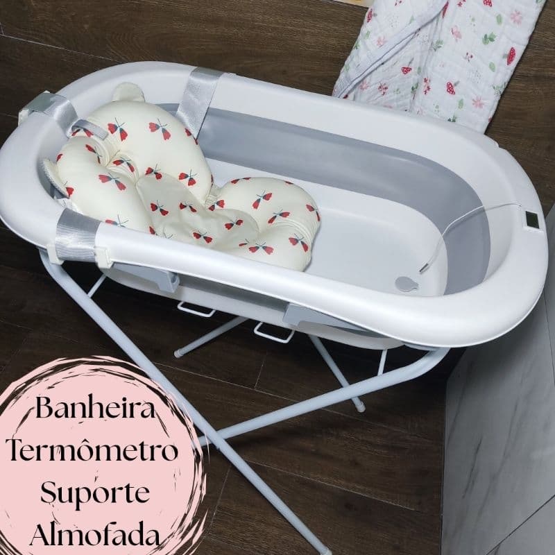 Banheira retrátil bebê, com termômetro, 35L, KaBaby, Suporte, Almofada e Rede para Banheira.