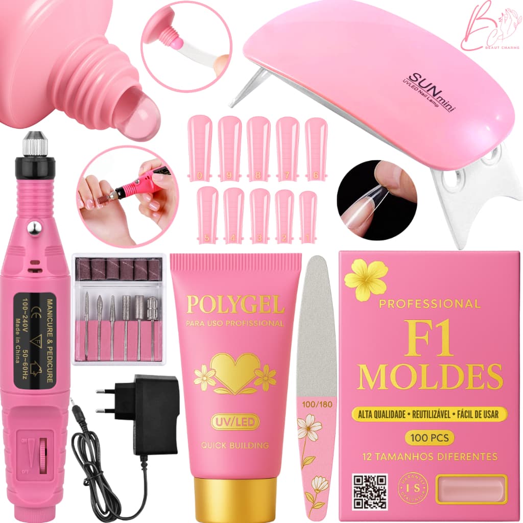 Kit Unha de Gel  Polygel Completo Manicure Iniciante Alongamento Cabine Sun Mini Unhas Poligel Molde F1 Lixa Lixadeira E
