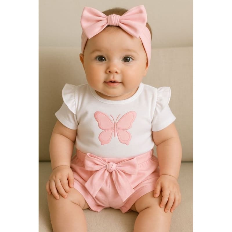 🦋 Kit 4 Peças Bebê Menina – Shorts com Laço + Body com Babado e Borboleta Bordada + Laço de Cabelo 🦋COM CAIXA MDF