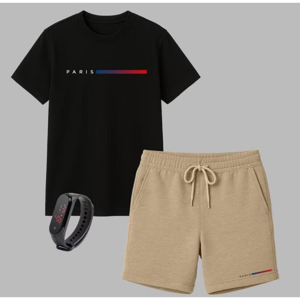Camiseta Masculina Algodão Bermuda Moletom Premium + Relógio