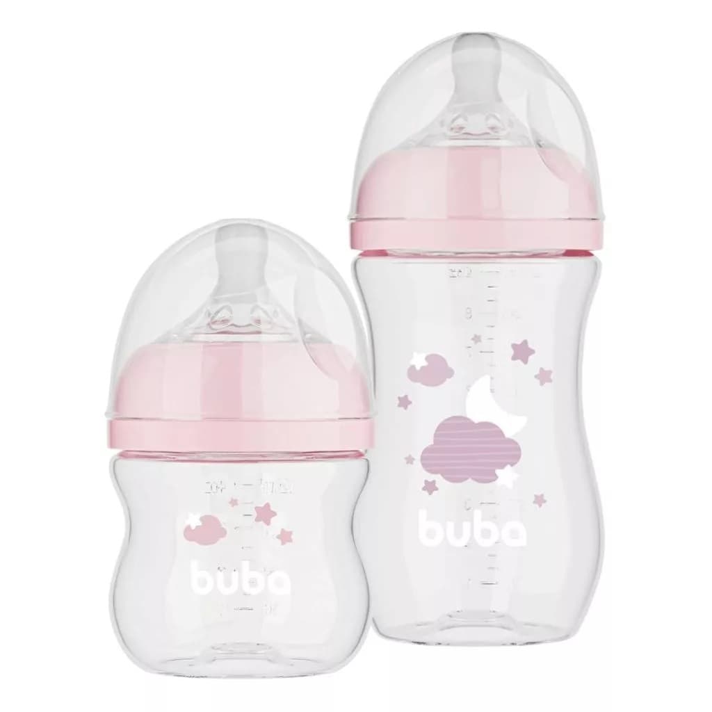 Kit 2 Mamadeiras Buba Easy Flow Anticólica 120ml e 270ml NUVEM (ROSA)