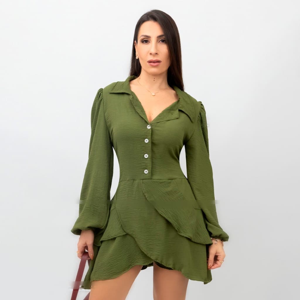 Vestido Feminino Curto Social Elegante Com Babados e Botões Camisa Chemise Promoção Lançamento