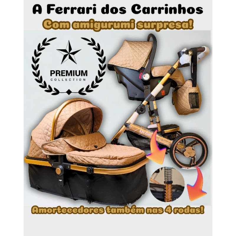 Carrinho de bebê com amortecedores kit com bebê conforto acoplável,Mochila e Brinde amigurumi. 35kg