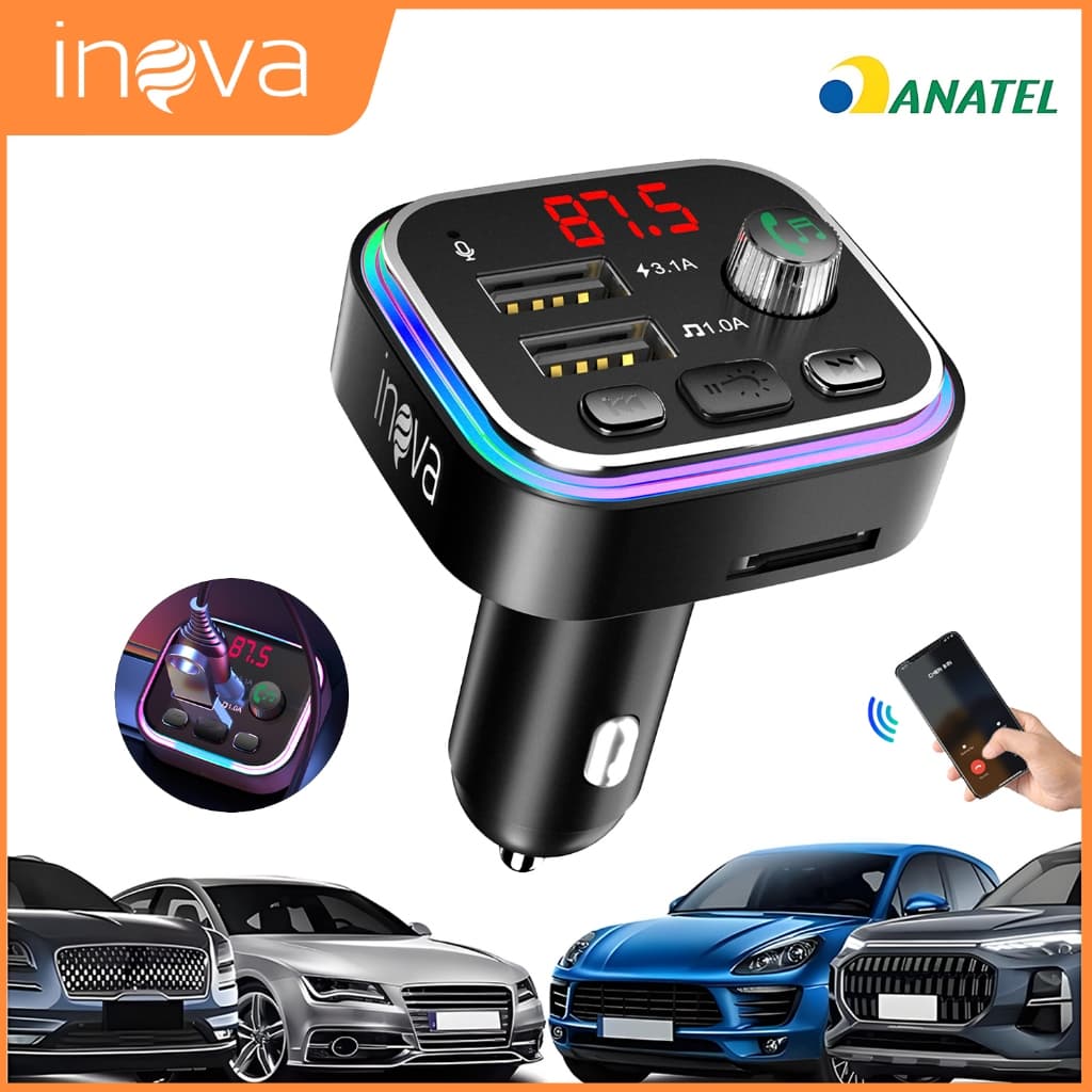 INOVA Carregador Veicular Bluetooth 18W FM Transmissor USB Type-C MP3 Controle Música