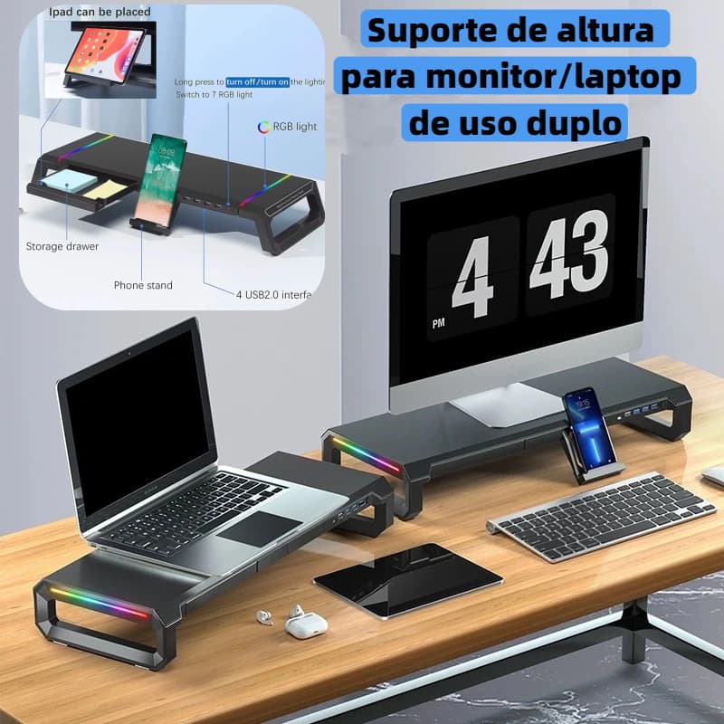 Base para monitor gamer luz RGBSuporte para Notebook com 4 USB e armazenamento e proporciona uma altura confortável B104