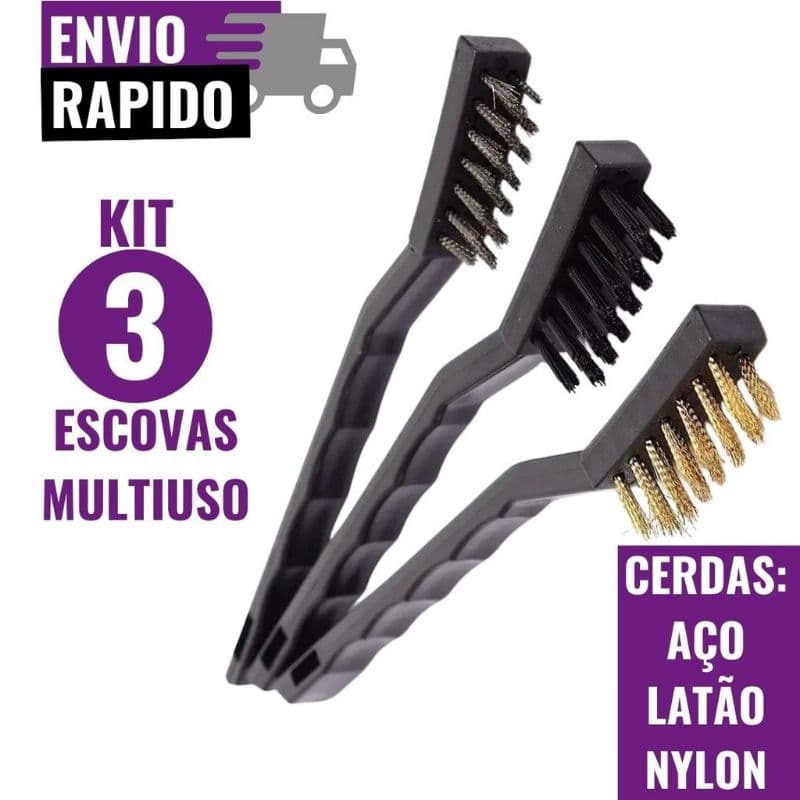 Kit 3 Escovas Multiuso Limpeza Pesada – Aço, Nylon e Latão | Carro, Cozinha, Churrasqueira | Escova de aço