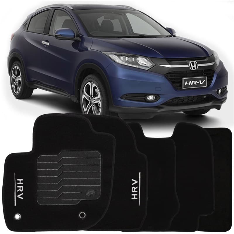 Jogo de Tapete Automotivo Carpete Hrv 2015 à 2018 Soft Preto 5 Peças Logo Bordado