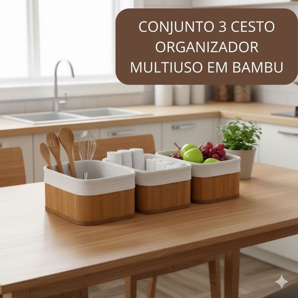 KIT Conjunto 3 Cestos Organizador com Forro Multiuso em Bambu e Madeira Multifuncional Roupa Banheiro