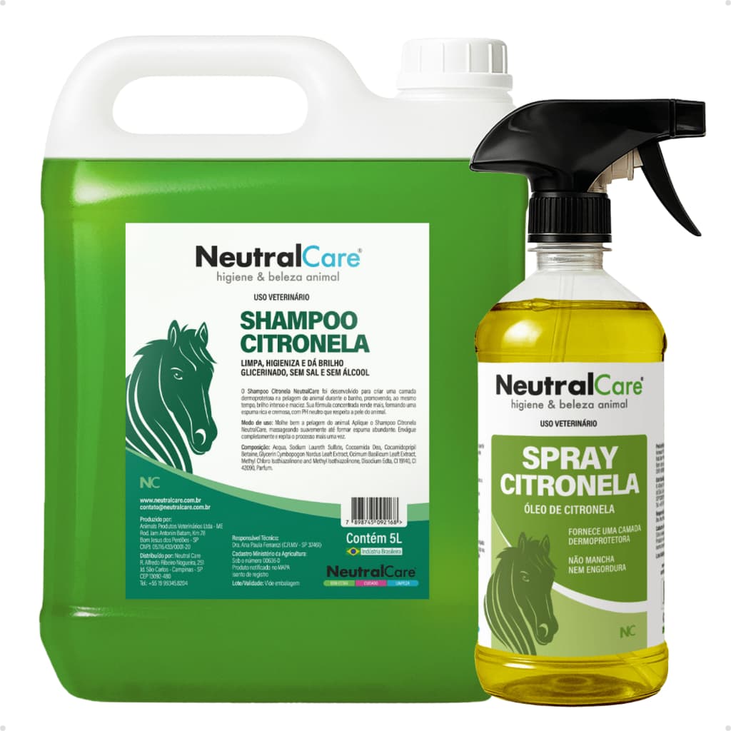 Shampoo Repelente Citronela 5l Para Cavalo + Spray Repelente Citronela 1 Litro De Cavalo Neutralcare