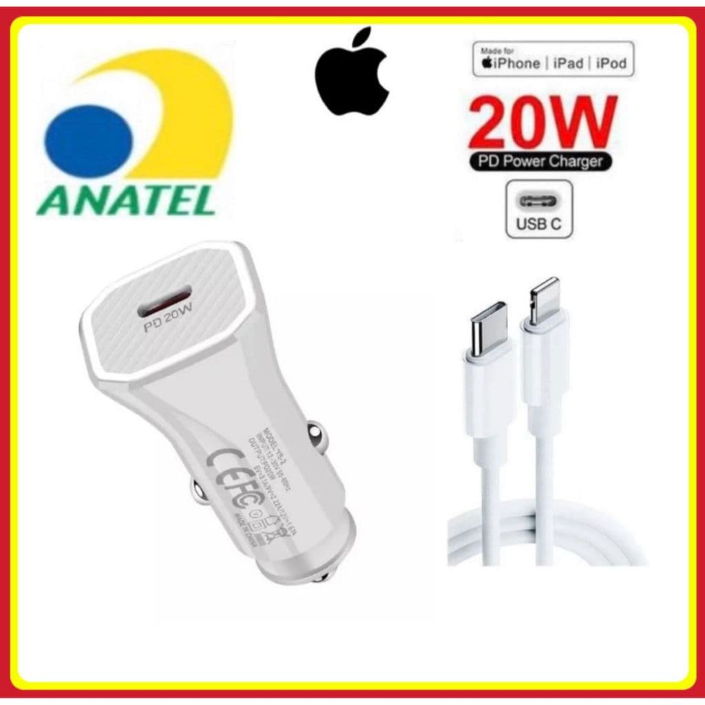 Carregador Veicular de iPhone Turbo 20w Apple -Carregador de carro PD Tipo C Turbo X Lightning para iPhones