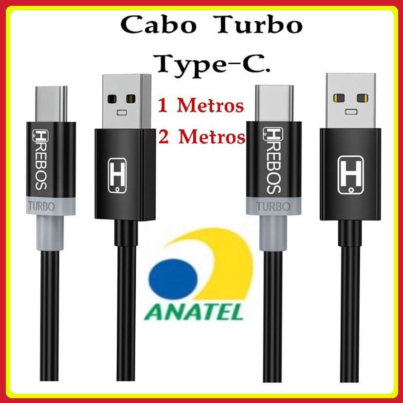 Cabo Type-C Turbo 3.1A Carregamento Rápido  Preto – 1 e 2 metros HRebos original  HS-26 HS-100 026c