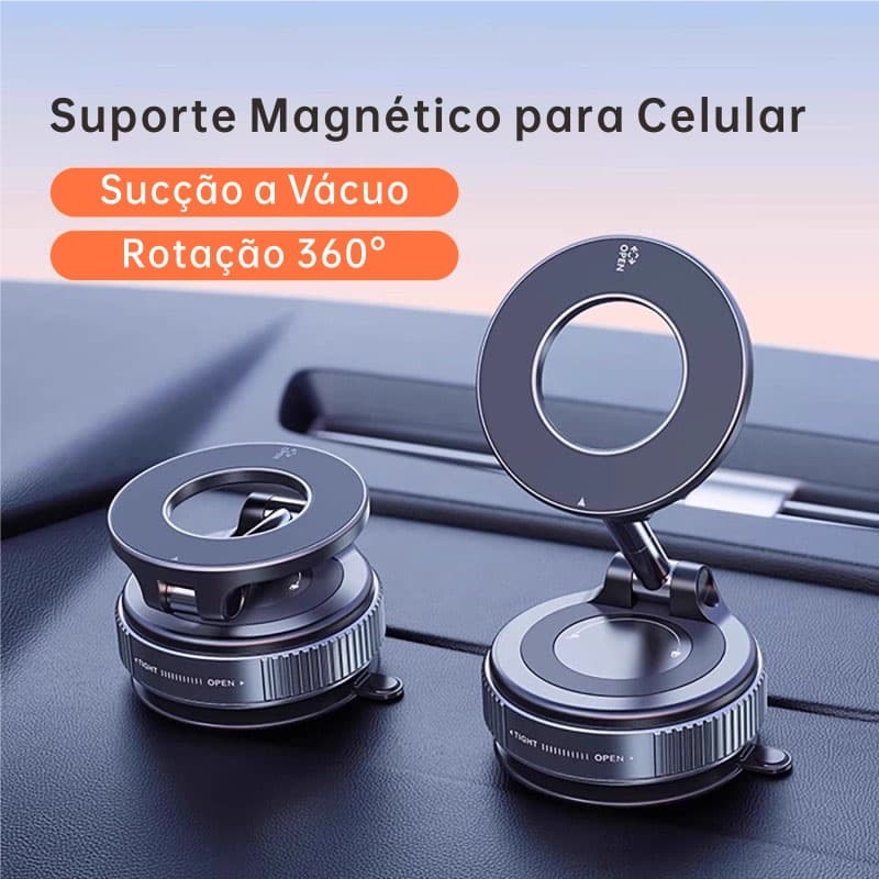 Suporte Magnético Dobrável para Celular, Rotação 360°, Forte Fixação a Vácuo para Carro