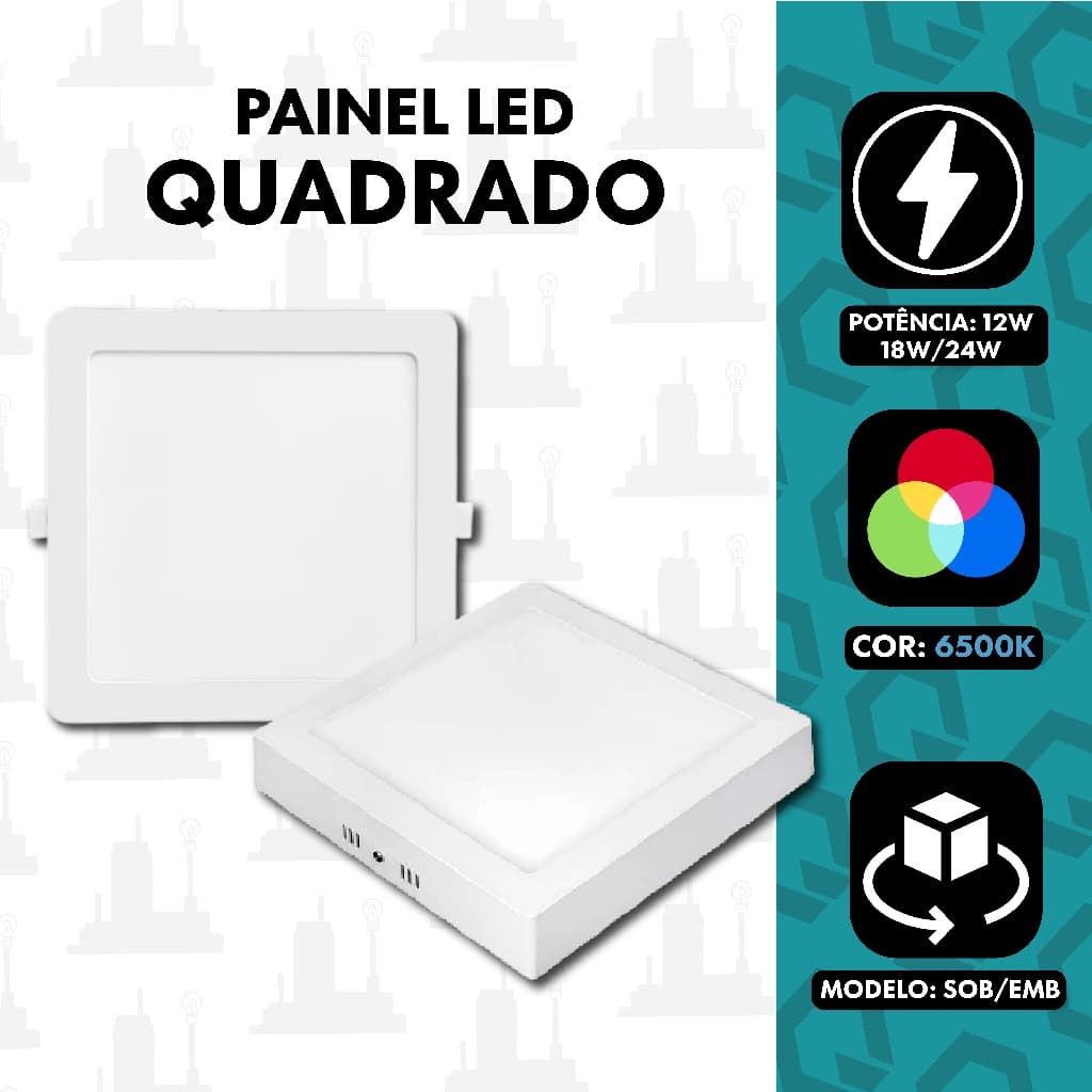 Luminaria painel led 12w/18w/24w plafon Embutir/ Sobrepor 6500K Bivolt FABRICA UM