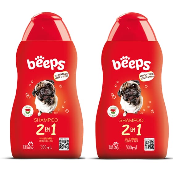 Kit 2 Shampoo 2 em 1 Beeps Hidratante para Cães e Gatos 500ml Cheirinho de Melancia Pet Society