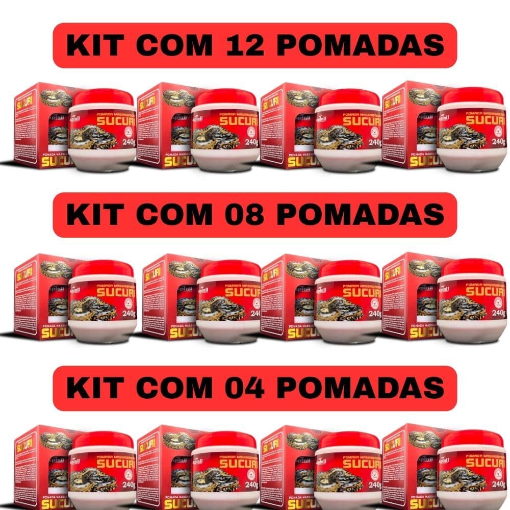 Kit Pomada Sucuri Apinil 240g – Kit com 12  08 e 06 Unidades | Massageadora Tradicional Alívium