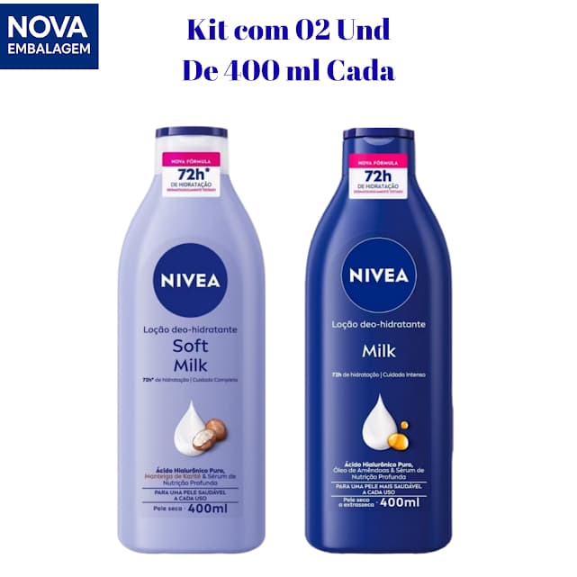 Kit 02 Loção Hidratante Nívea Milk + Soft Milk 72h Hidratação Intensa Ácido Hialurônico 400ml cada
