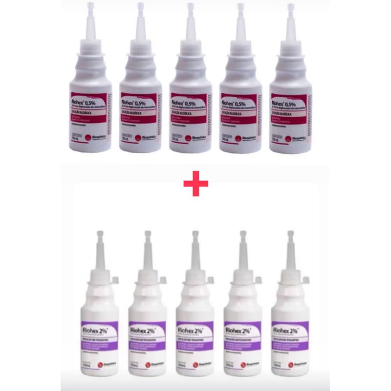kit 5 clorexidina alcoólica 0,5% 100 ml + 5 clorexidina degermante 2% 100 ml Rioquímica