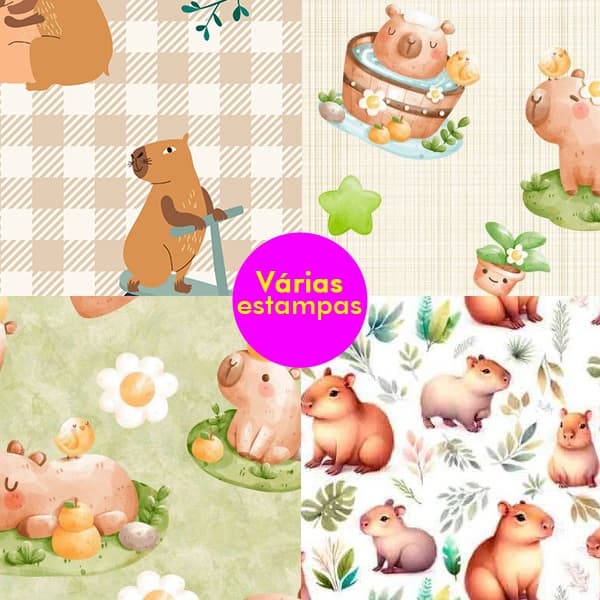 Tecido Tricoline Digital 100% Algodão 50cm x 1,50m Estampa Capivara Patchwork