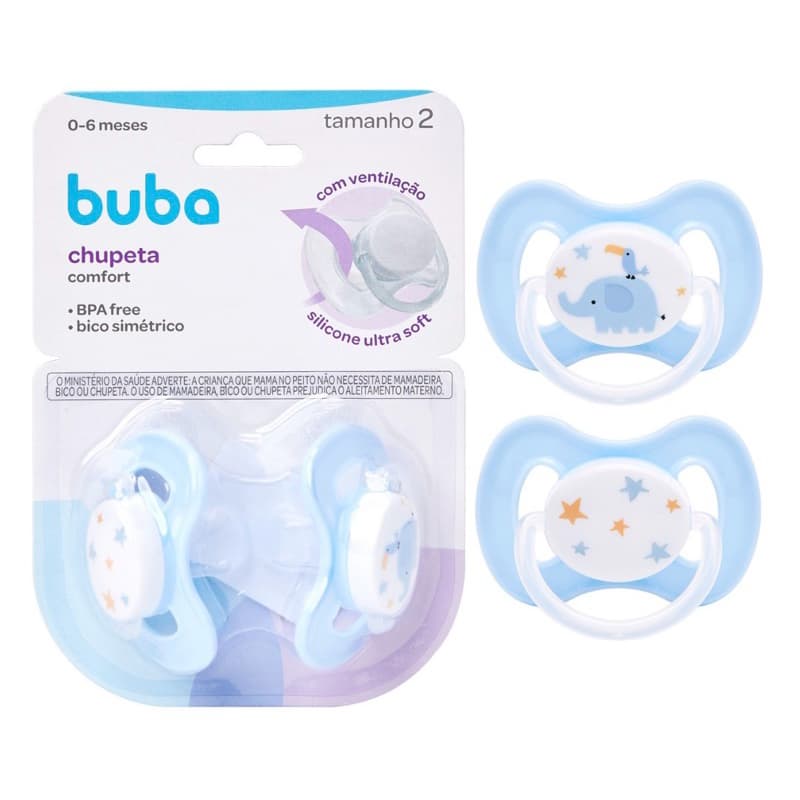 Kit Chupetas Tamanho 2 (+6 Meses) Elefantinho e Estrelas Tamanho Azul Bebê - Comfort Ultra Soft da Buba