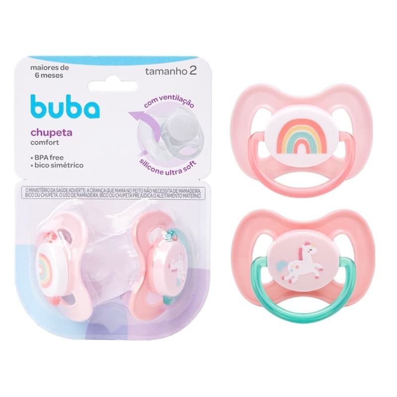Kit Chupetas Tamanho 2 (+6 Meses) Unicórnio e Arco-íris Comfort Ultra Soft Rosa Delicado - Buba