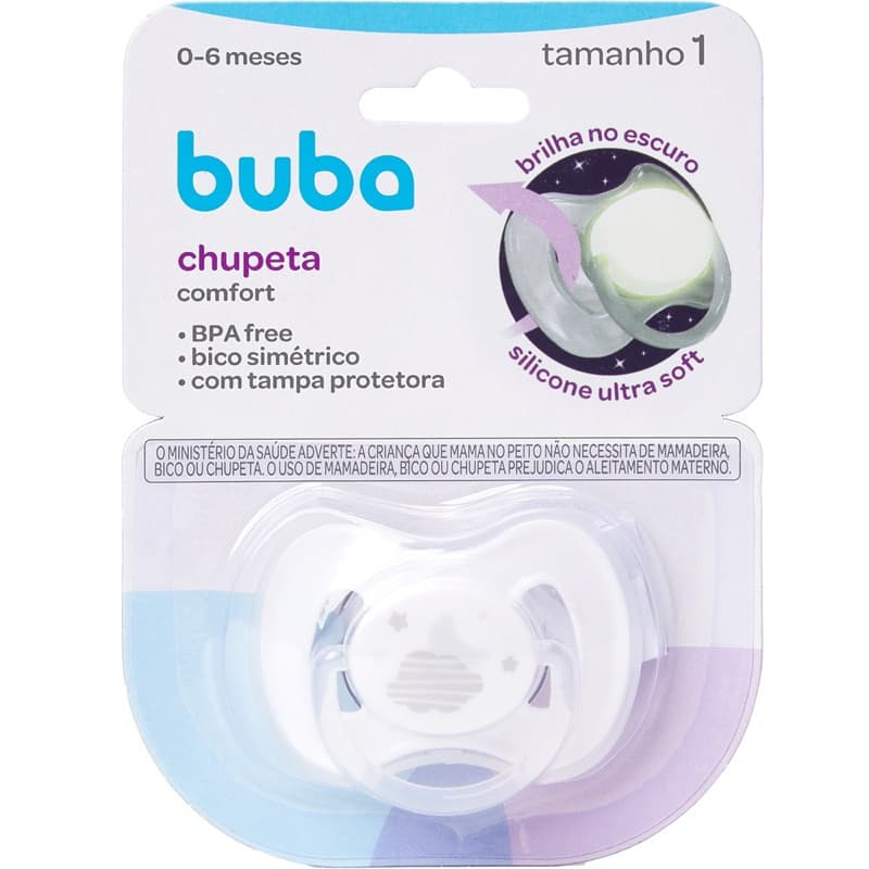 Chupeta Nuvem Branco com Cinza Clarinha Tamanho 1 (0 á 6 Meses) Comfort Ultra Soft , Brilha no Escuro - Buba