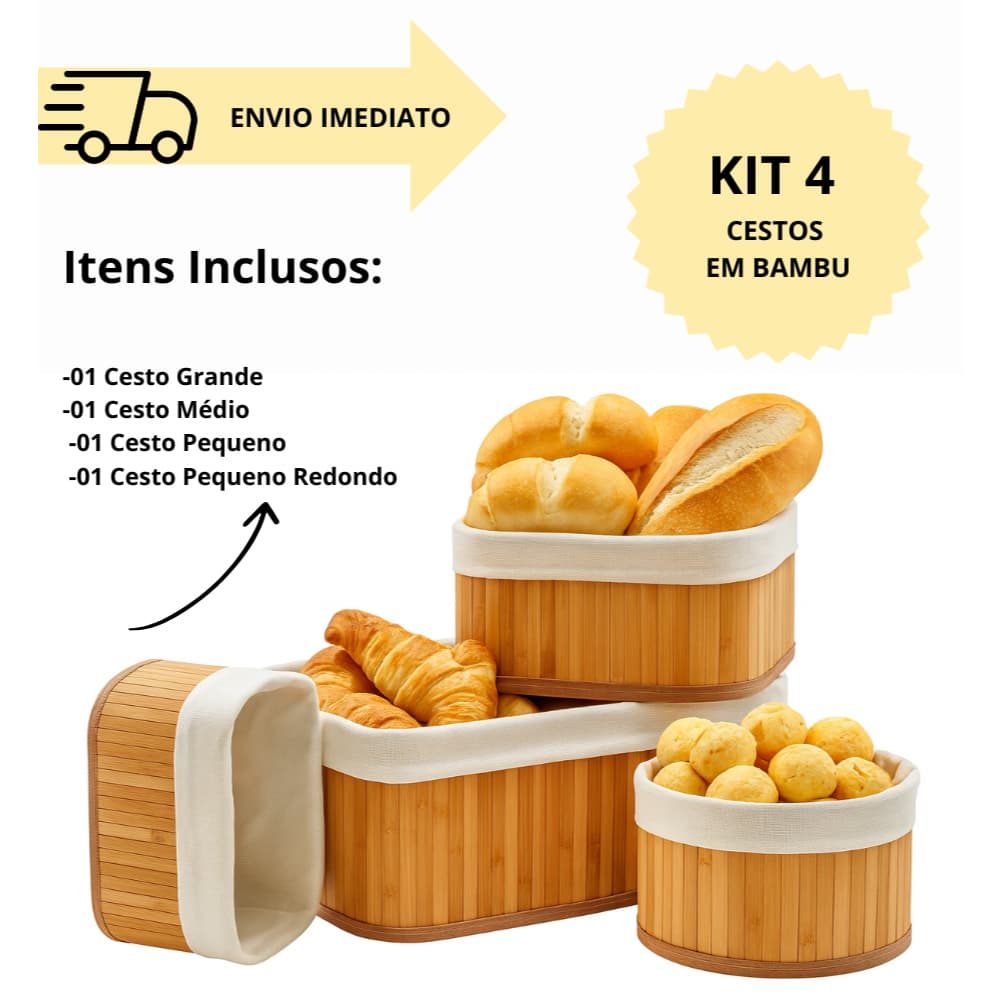 Kit 4 Cesto Organizador Conjunto Multiuso em Bambu Banheiro Cozinha Bandejas