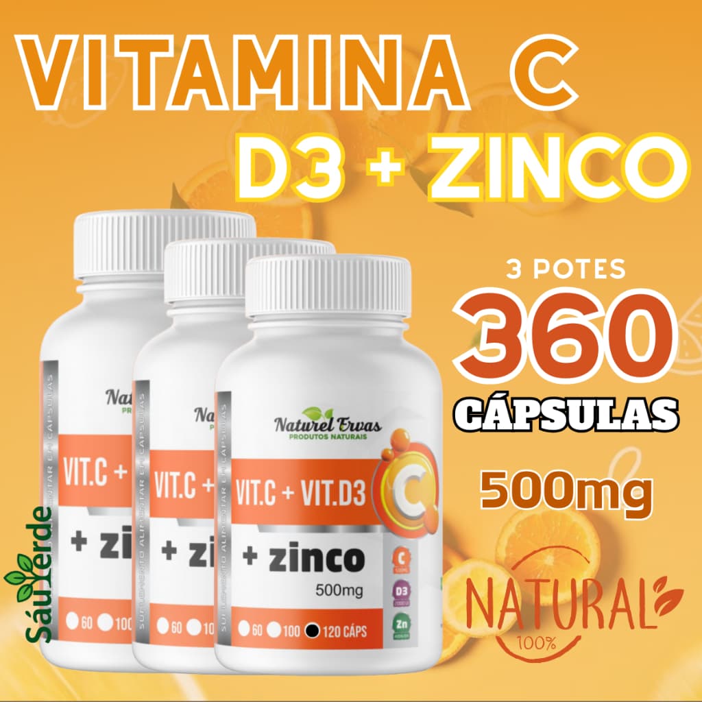 Vitamina C + Vitamina D3 + Zinco 500mg – 120 Cápsulas | Suplemento Alimentar Natural